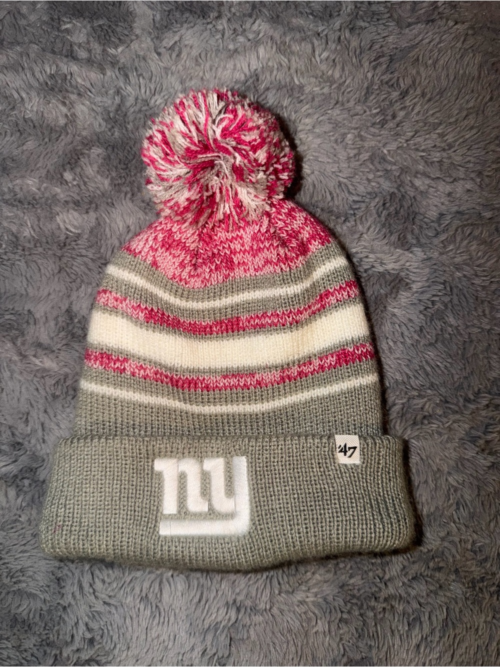 47 Brand Pom-Pom Cuffed winter Beanie in Gray, White & Pink - NY Giants